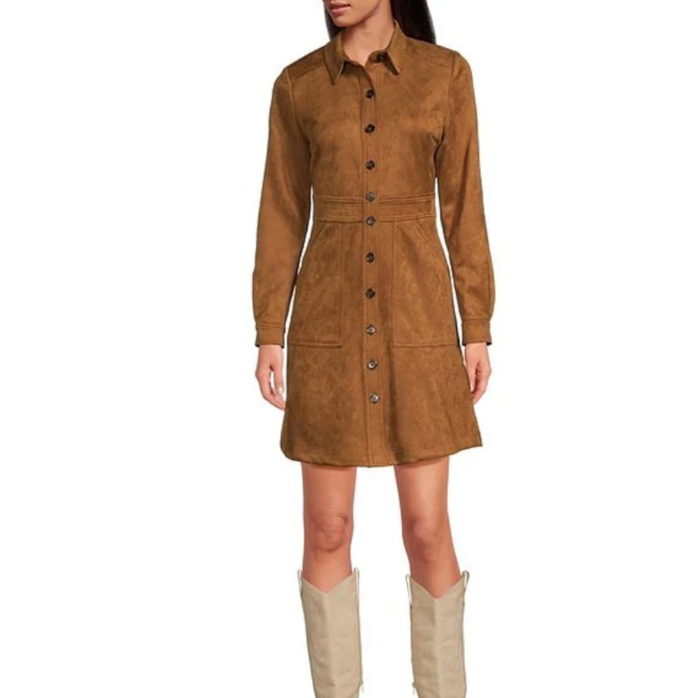 A Loves A Faux Suede Button Front Long Sleeve Mini Shirt Dress - Picture 3 of 5